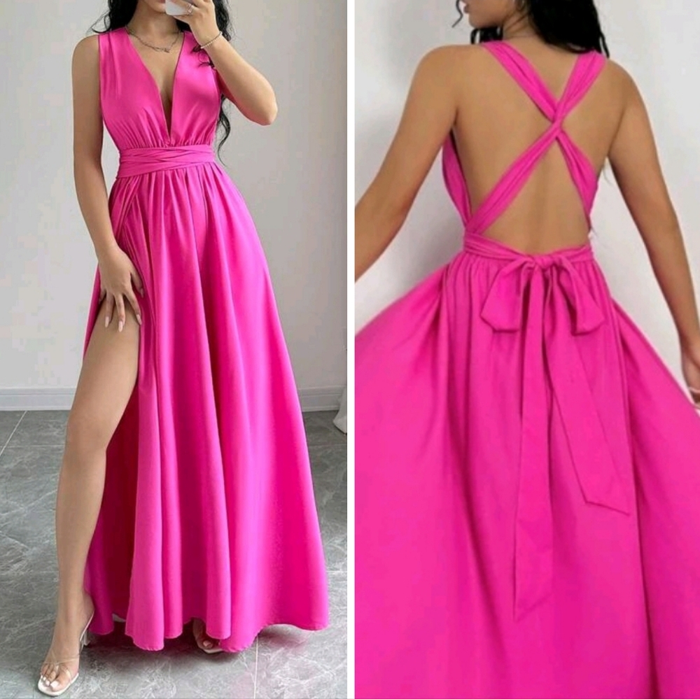 New Chic Multi Way Tie Top Maxi Dress Hot Pink